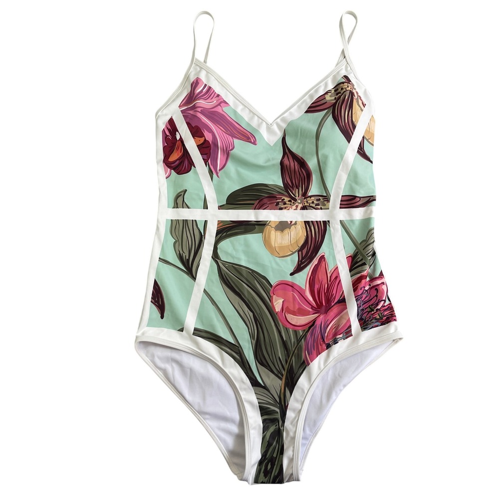 Visual Mood Isla Tropical Print One Piece Swimsuit Womens XL White Aqua Pink NWT